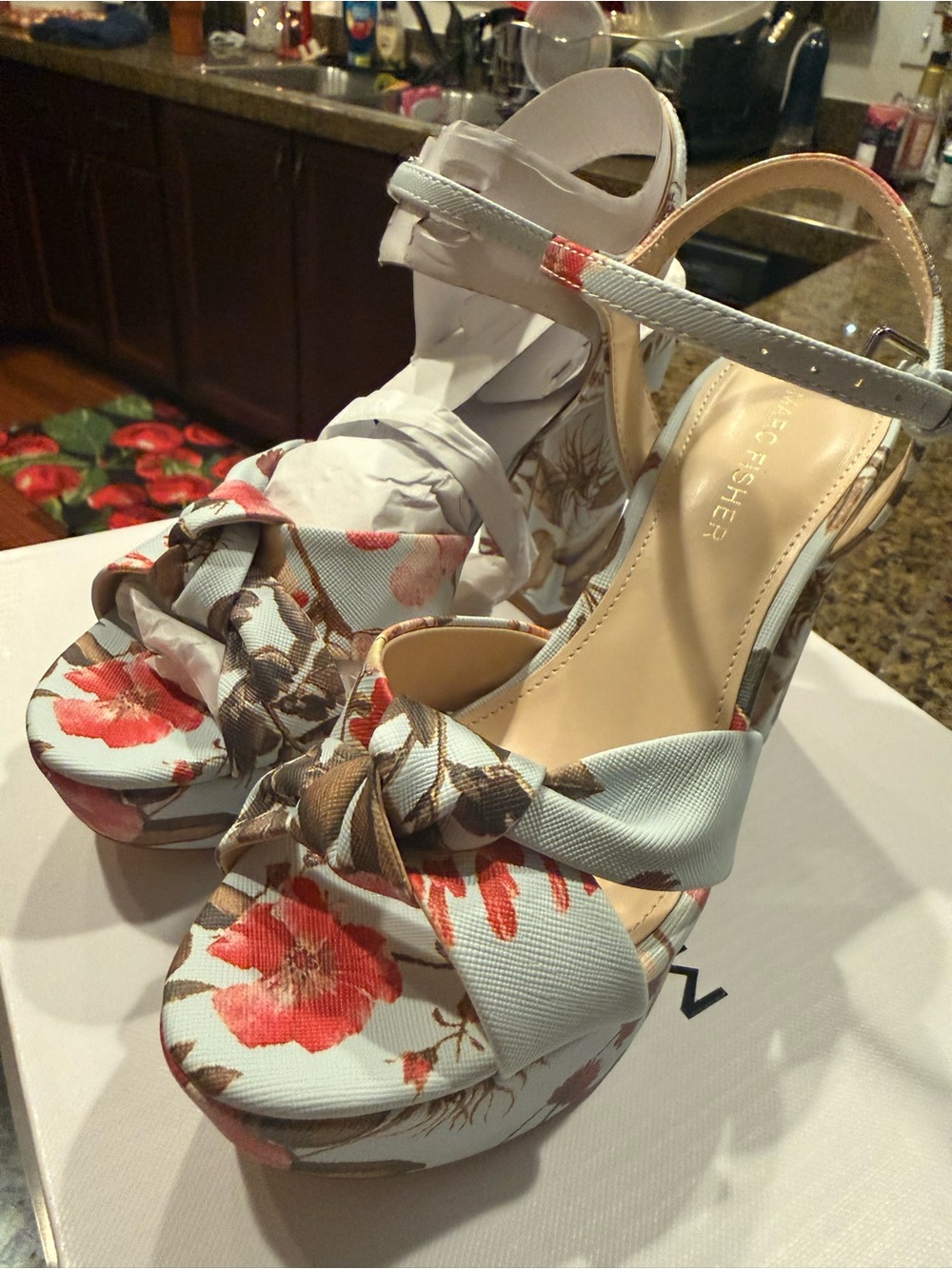 Marc Fisher Floral Platform Sandals in Light Blue and Red - Picture 2 of 5